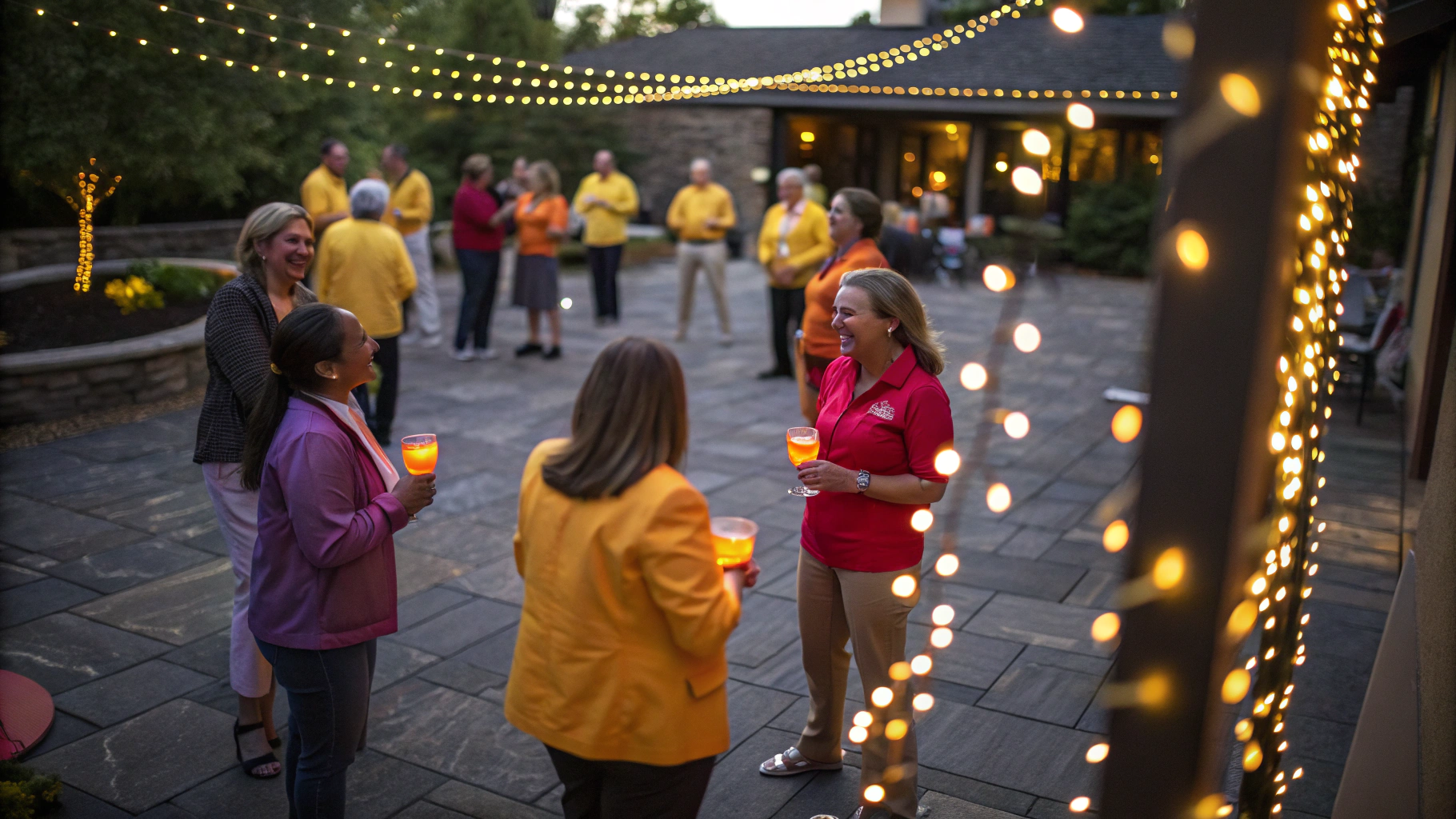Classmates gathering in the varsity courtyard for 5th year reunion