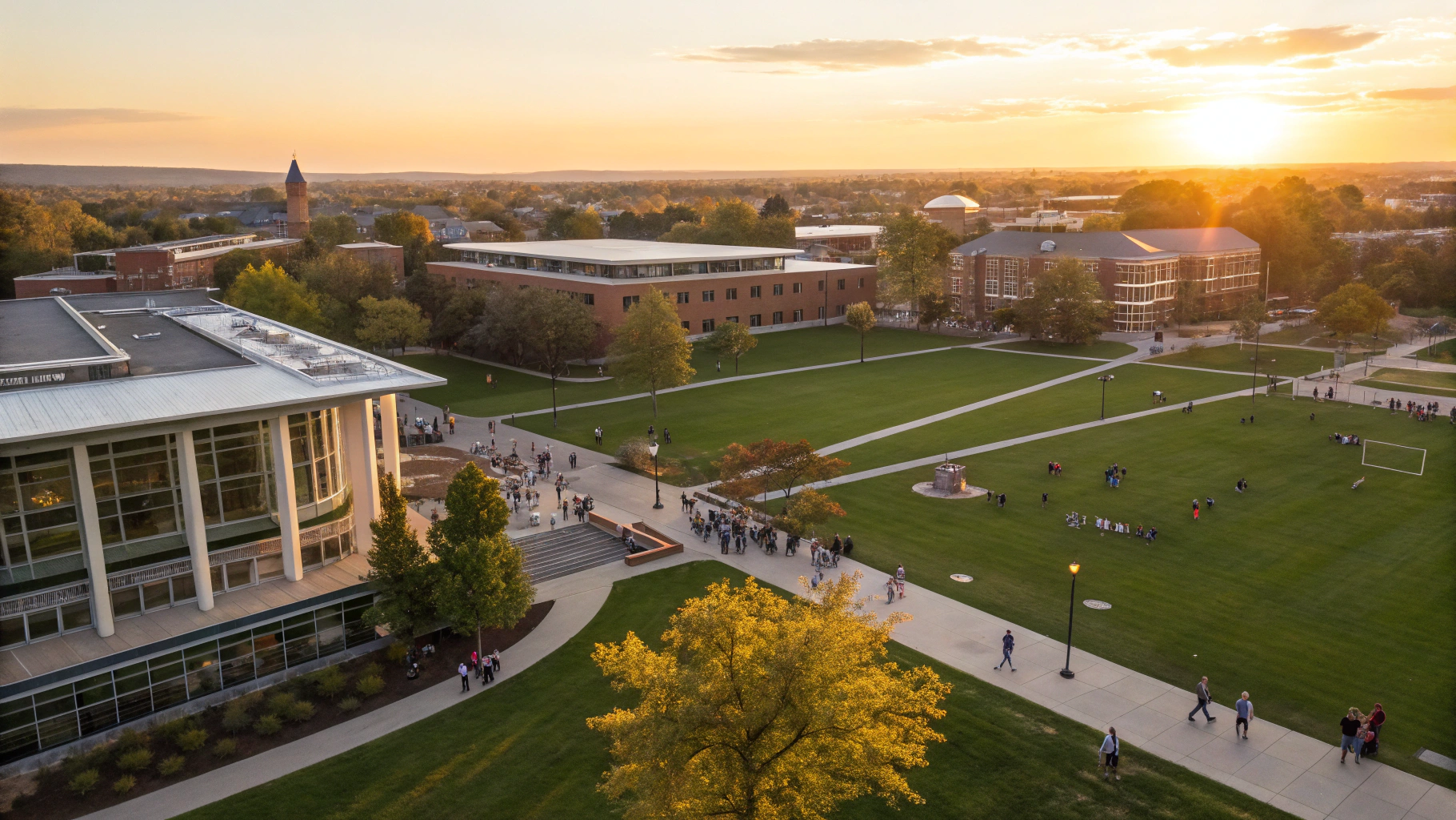 Historic campus courtyard and building aerial view