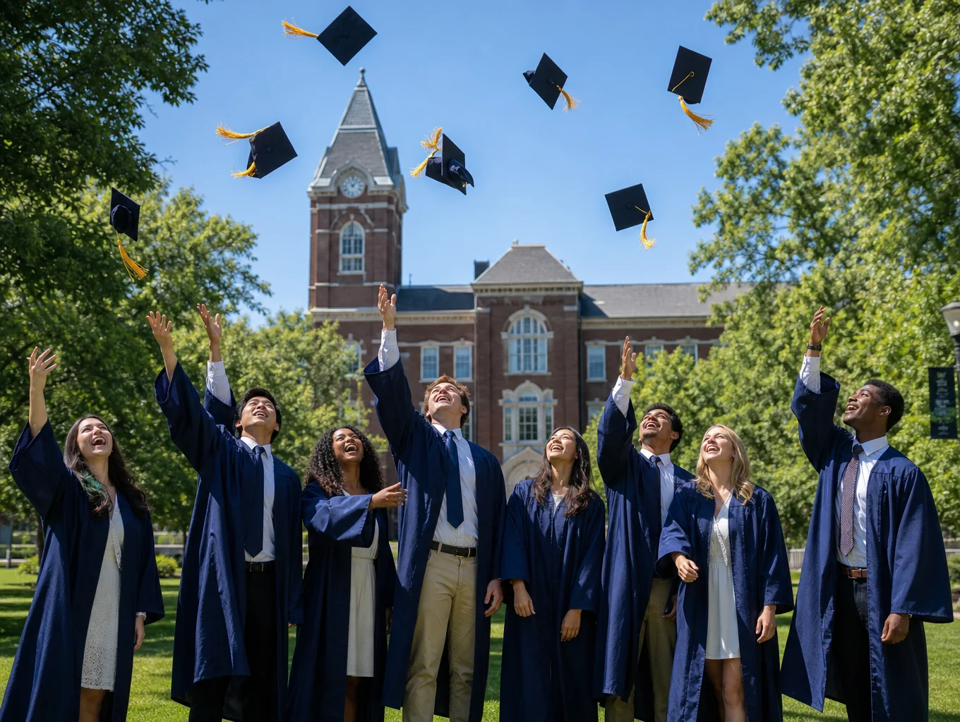 Graduates tossing blue and gold caps high into the blue sky