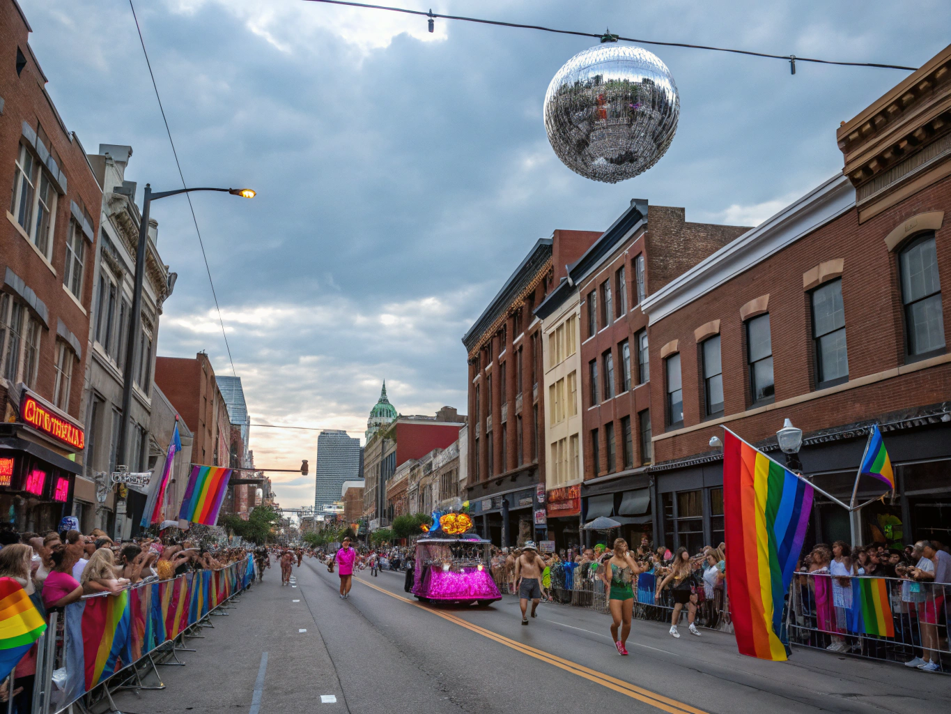 Students waving banners on a parade float along Main Street