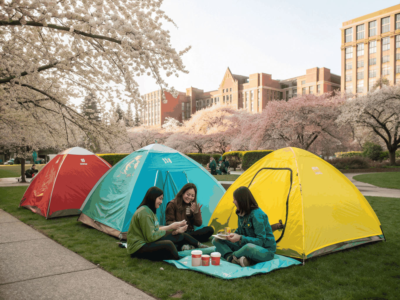 Crowd of students gathered on the campus quad lawn