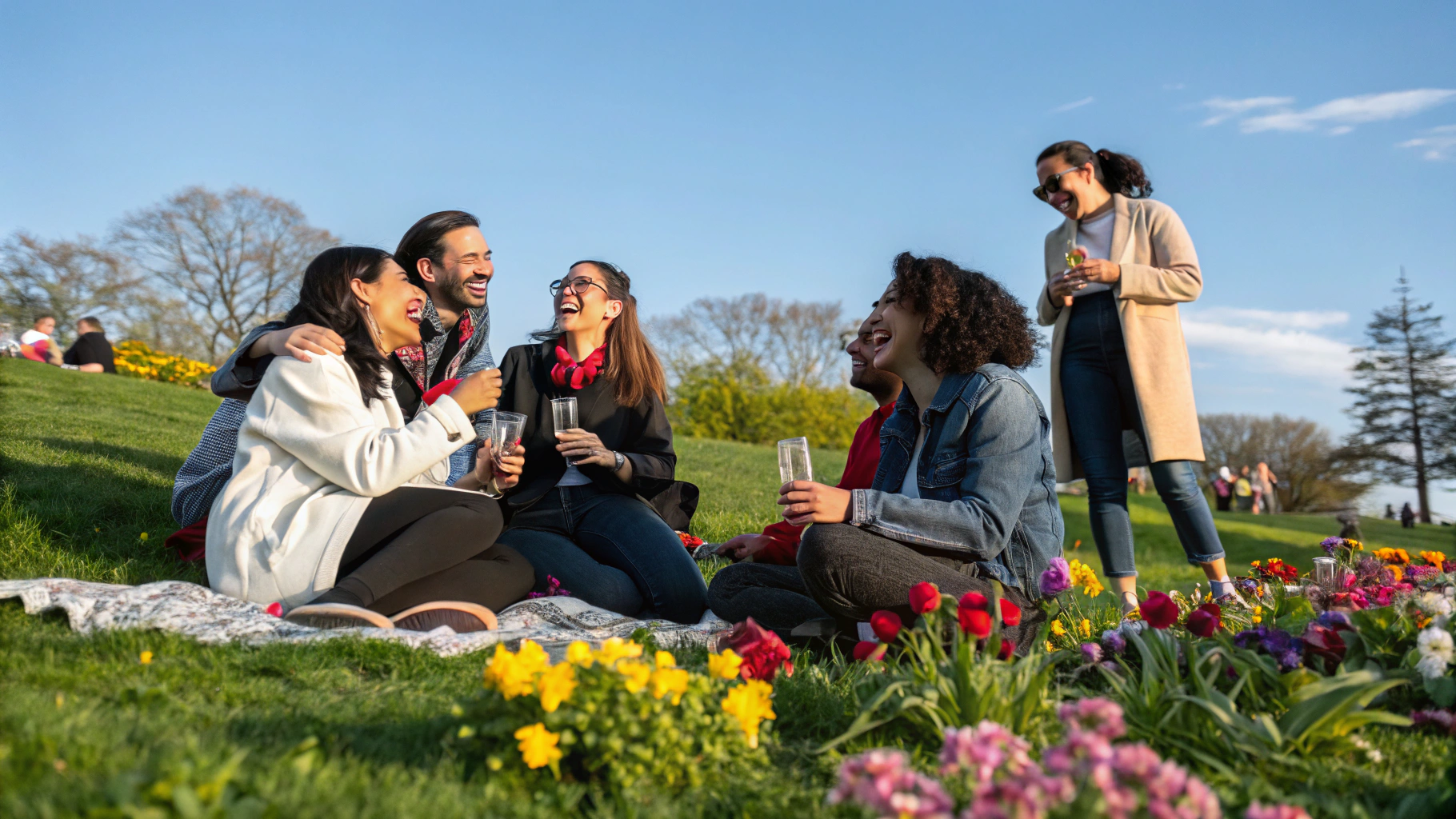 High school classmates gathering with smiles at a celebratory reunion event