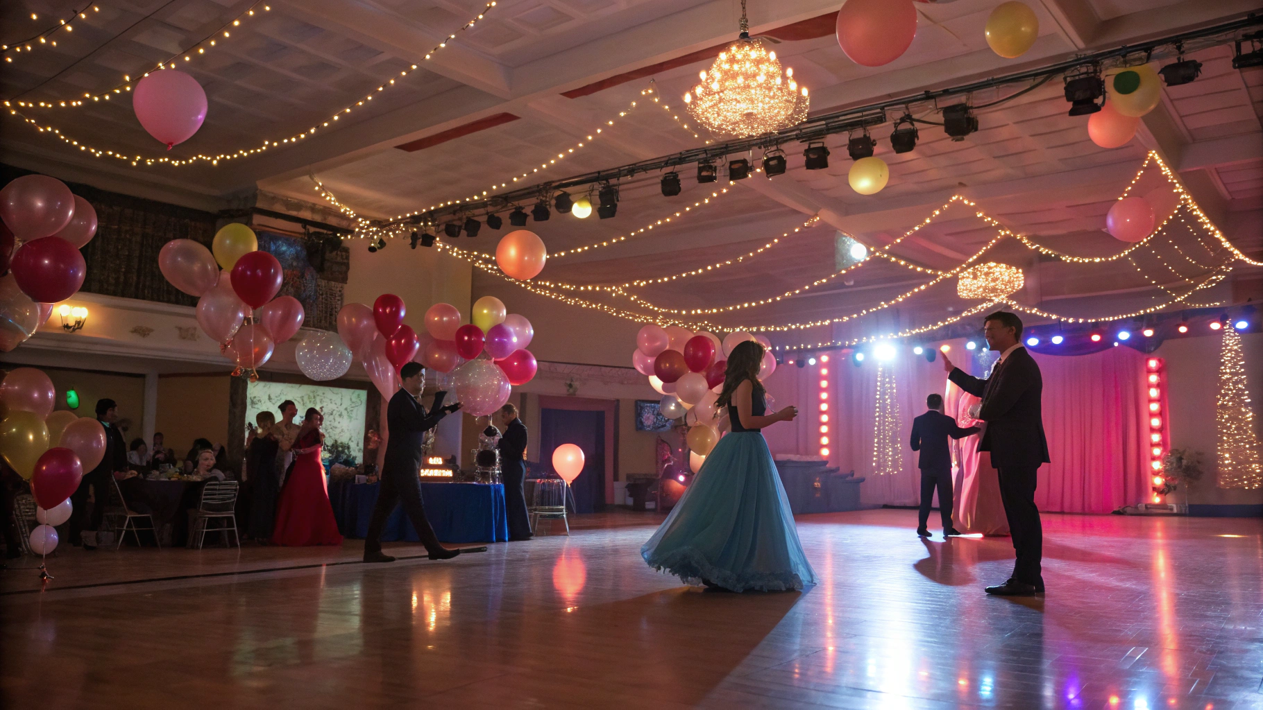 Formal reunion banquet in ballroom decorated with royal blue and gold